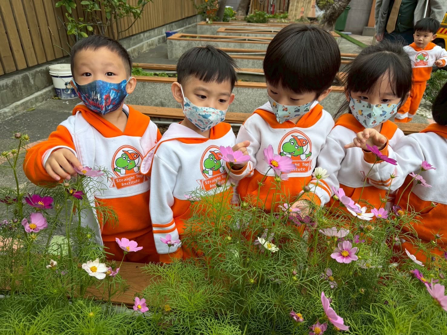 孩子在田園教學區觀察花朵